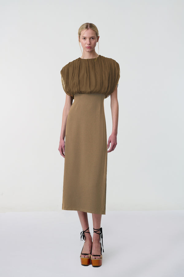 Void Gathered Silk Dress Brown