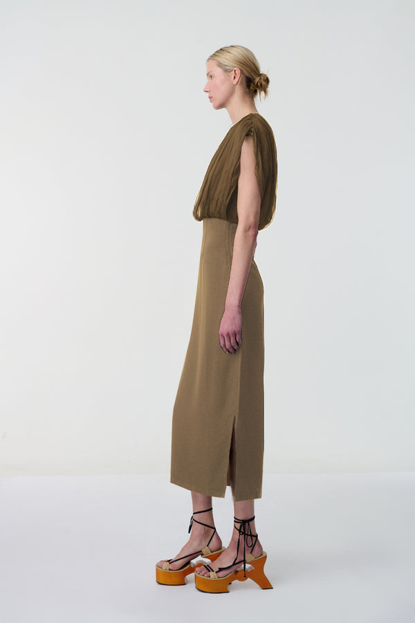 Void Gathered Silk Dress Brown